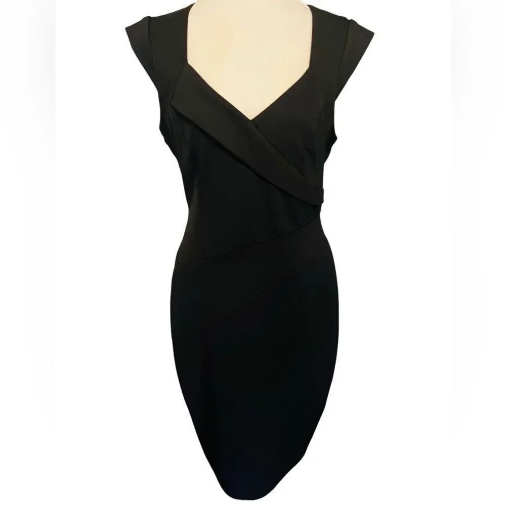 Maggy London Cap Sleeve Black Sheath Midi Length Dress size 8.